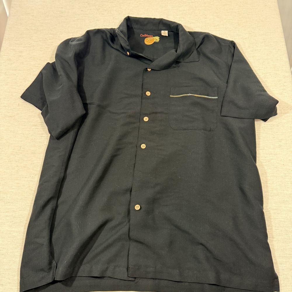 Caribbean Button Down Shirt Mens XL Black Good Palm Tree Embroidered Rayon Blend